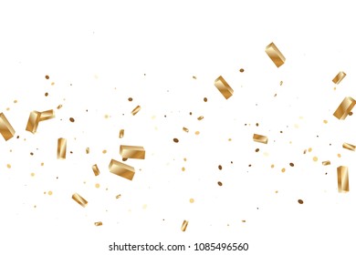 Gold ingots with confetti. Falling 3d glitter on white background. Abstract card template for anniversary invitation, Wedding, birthday, advertisement.