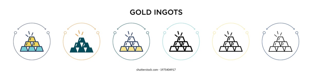 Gold ingots icon in filled, thin line, outline and stroke style. Vector illustration of two colored and black gold ingots vector icons designs can be used for mobile, ui, web