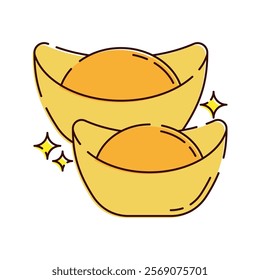 Gold Ingots Illustration, Two golden ingots, symbolizing wealth and prosperity during Chinese New Year celebrations.