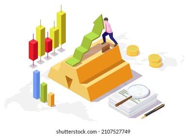 Gold ingots, increasing charts, flat vector isometric illustration. Gold prices rise concept.