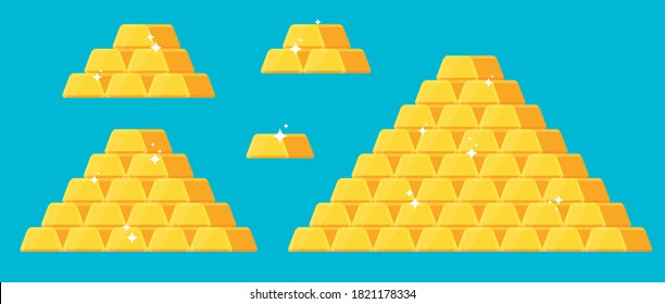 Gold ingots isolated on white background. Flat cartoon illustration.