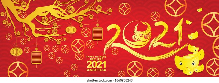 Gold ingots  on Red background horizontal banner for Chinese New Year 2021 of the Ox
