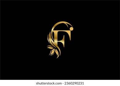 goldener Anfangsbuchstabe F Logo Design mit schönen Blatt- und Blumenziern. F Monogramme. Typografie F. goldenes Federlogo. Geeignet für Firmenlogos, Firmen, Boutiquen, Schönheit usw.