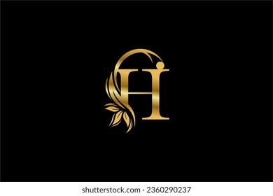 gold initial letter H logo design with beautiful leaf and flower ornaments. H Monograms. Typography H. golden feather logo. Suitable for business logos, companies, boutiques, beauty, etc