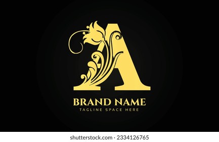gold initial letter A logo design with beautiful and elegant flower and feather decoration.
