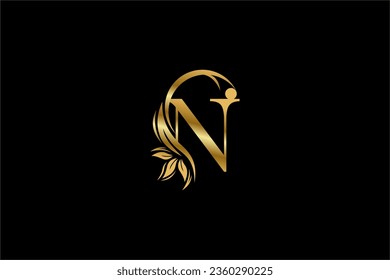 gold initial letter N logo design with beautiful leaf and flower ornaments. N Monograms. Typography N. golden feather logo. Suitable for business logos, companies, boutiques, beauty, etc