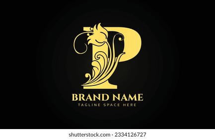 gold initial letter P logo design with beautiful and elegant flower and feather decoration.