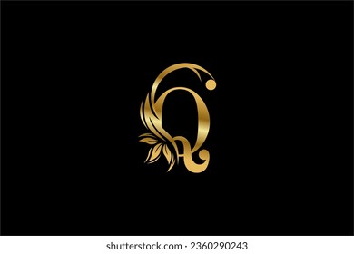 gold initial letter Q logo design with beautiful leaf and flower ornaments. Q Monograms. Typography Q. golden feather logo. Suitable for business logos, companies, boutiques, beauty, etc