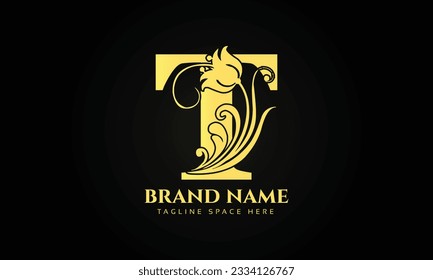 gold initial letter T logo design with beautiful and elegant flower and feather decoration.