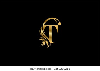 gold initial letter T logo design with beautiful leaf and flower ornaments. T Monograms. Typography T. golden feather logo. Suitable for business logos, companies, boutiques, beauty, etc