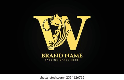 gold initial letter W logo design with beautiful and elegant flower and feather decoration.