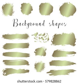 Gold ink borders, brush strokes, stains, banners, blots, splatters. Vector set of golden hand drawn grunge elements isolated on white background. 