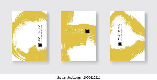 Golpe de pincel de tinta dorada sobre el conjunto de fondo blanco. Banner estilo cepillo japonés. Ilustración vectorial de manchas de grano