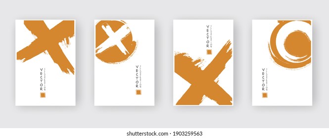 Gold ink brush stroke set on white background. Japanese style. Vector illustration of grunge stains. Vector brushes illustration.