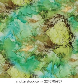 Gold Ink Paint. Metal Alcohol Ink Watercolor. Blue Oriental Background. Green Marble Watercolor. Luxury Alcohol Ink Marble. Foil Water Color Marble. Fluid Seamless Pattern. Luxury Abstract Template.