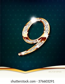 The gold inlaid figure 9 (nine) , with shadow and highlights. eps10