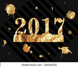 Gold inscription 2017. Gold foil figures on a black background. Texture of metal splashes.