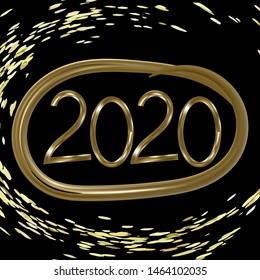 Gold inscription 2020 in a gold ring and gold loose on a black background. Vector illustration.