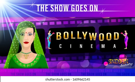 Gold inscription Bollywood, beauty indian woman in sari, front view, on the background of film tape. Mixed media graphic banner vector illustration stock.