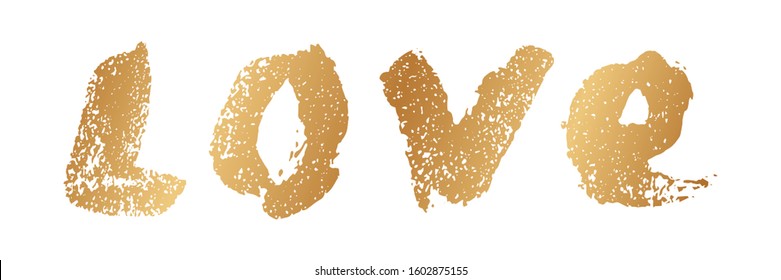 Gold inscription love. Golden written word. Hand drawn lettering. Love calligraphy. Word love. Romantic concept for design prints, wedding invitation, greeting, marriage, invite, marry, proposal, even