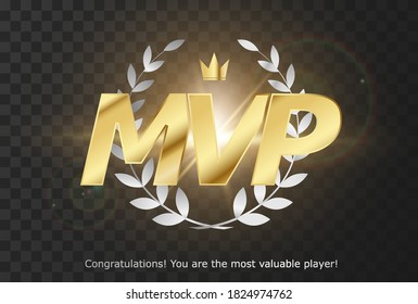 Gold inscription MVP - emblem reward Most Valuable Player for GUI. PC, consoles or mobile gaming. Isolated wreath with crown and MVP status for the winner. Game poster. Vector illustration