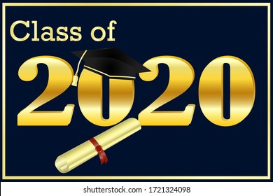 Gold inscription on a black background "Class of 2020" with a scroll tied with a red ribbon and a graduate hat. Vector illustration. Stock Photo.