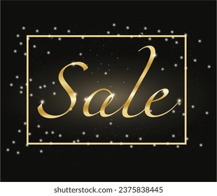 Gold inscription "sale" on a dark background with sparkles. Illumination and sparkles. Banner, voucher, advertising