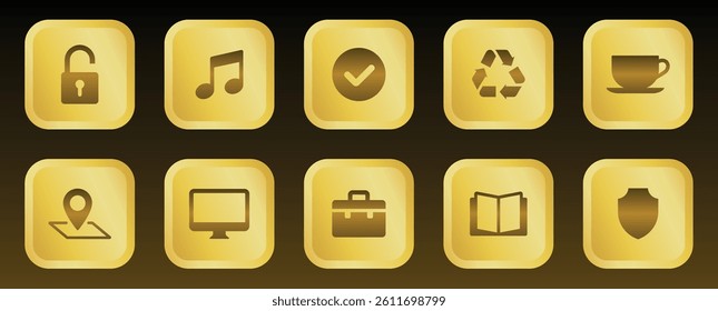 Gold Interface Symbol Collection with Lock Music Check Recycle Coffee Map Monitor Briefcase Book Shield for UI UX Dashboard in Shiny Metallic 3D Gold Square Design