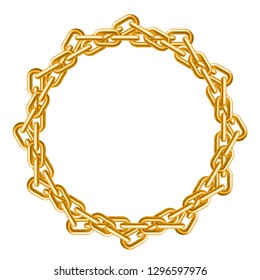 Gold interlocked chains. Circle frame. Realistic style. Isolated element on white background. Vector illustration.