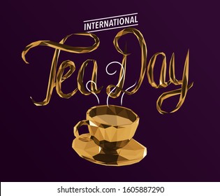 Gold International Tea Day Illustration on Purple Background. Shiny Metallic Golden Low Poly Vector 3D Rendering