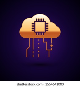 Gold Internet of things icon isolated on dark blue background. Cloud computing design concept. Digital network connection.  Vector Illustration