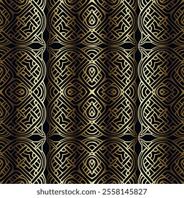 Gold intricate lines interlacing lacy 3d seamless pattern on black background. Beautiful elegant modern line art lace ornaments. Endless ornate texture. Vector fabric patterns with gold gradient.