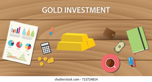 Gold Investment With Gold Bar With Graph Paper Work And Wooden Table As Background