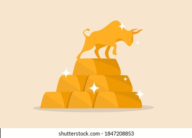 Gold investment bull market, safe haven in financial crisis or gold price rising up as investor run a concept, shiny bull statue on stack of bullion gold bar, ingot treasure.