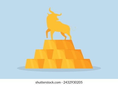 Gold investment bull market, Shiny bull statue on a mound of bullion gold bars and ingot wealth.