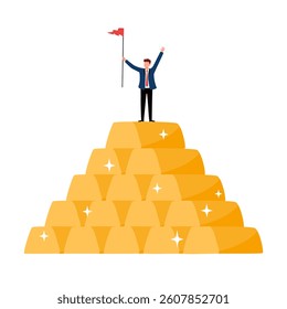 Gold investment concept. Businessman success wealth manager, trader or rich investor standing on stack of gold bars.