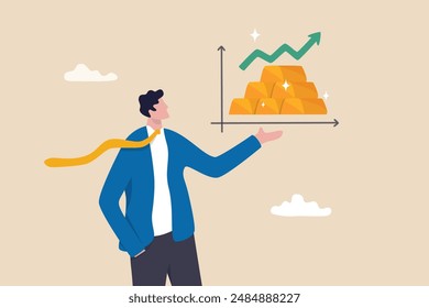 Gold investment, ingot or bullion price rising up, price gain or trading gold to make profit, financial or value increase concept, businessman investor with gold bullion rising up graph and chart.