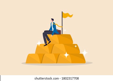 Gold investment, safe haven in financial crisis or wealth management and asset allocation concept, businessman success wealth manager, trader or rich investor sitting on stack of gold bar bullion.