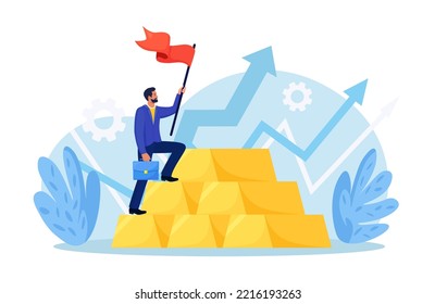 Gold investment. Successful investor or trader climbs up on stack of gold bar bullion. Employee making investing plans. Wealth management in financial crisis.  Financial literacy. Asset allocation