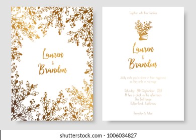 Gold invitation with abstract plants. Gold cards templates for save the date, wedding invites, greeting cards, postcards