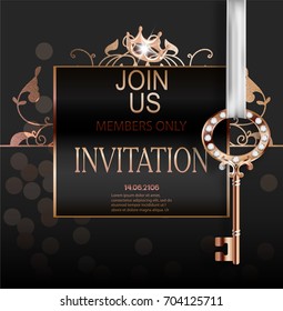 Gold invitation card with beautiful design elements and key. Vector illustration