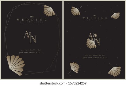 Gold invitation with floral branches. Gold cards templates for save the date, wedding invites, greeting cards, postcards