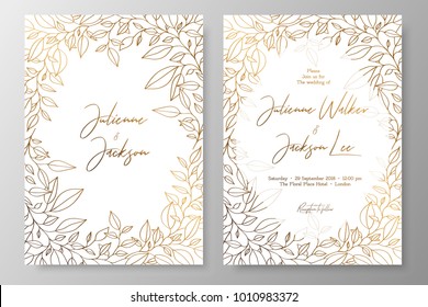 Gold invitation with frame of leaves. Gold cards templates for save the date, wedding invites, greeting cards, postcards, thank you card, menu, flyer and backgrounds