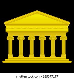 Gold ionic temple isolated on black background.