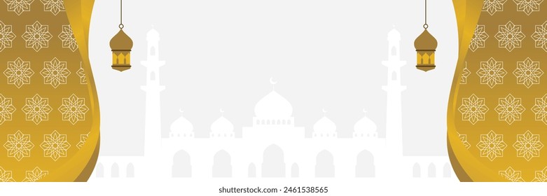 Gold Islamic background, with lantern ornament, mandala and mosque silhouette. free copy space area. design for banners, greeting cards for Islamic holidays, Eid al-Fitr, Ramadan, Eid al-Adha