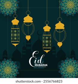 Gold Islamic Eid Mubarak design background with mandala pattern, hanging lantern