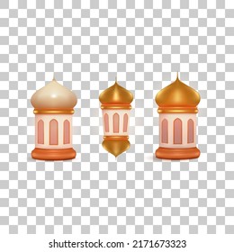 Gold Islamic lantern. Set 3d Ramadan elements.