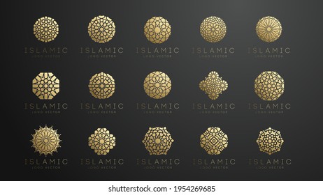 Gold islamic logo set on dark background. Ramadan kareem vector pattern. Round shape logo design. Islamic circle logo simple pattern. Arabic vector 3d emblem.