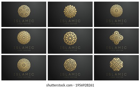Gold islamic logo set on dark background. Ramadan kareem vector pattern. Round shape logo design. Islamic circle logo simple pattern. Arabic vector 3d emblem.