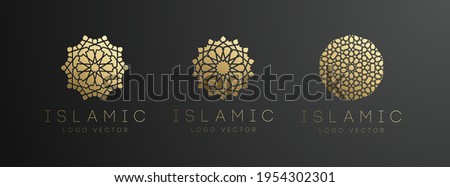 Gold islamic logo set on dark background. Ramadan kareem vector pattern. Round shape logo design. Islamic circle logo simple pattern. Arabic vector 3d emblem.